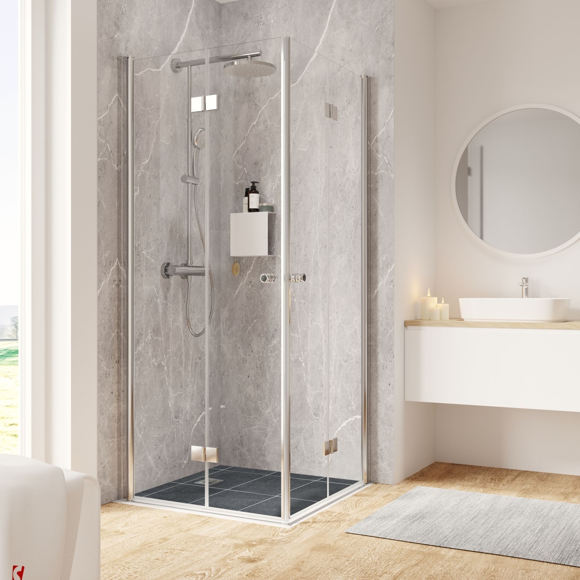 Duschkabine mit Eckeinstieg und grauen Fliesen