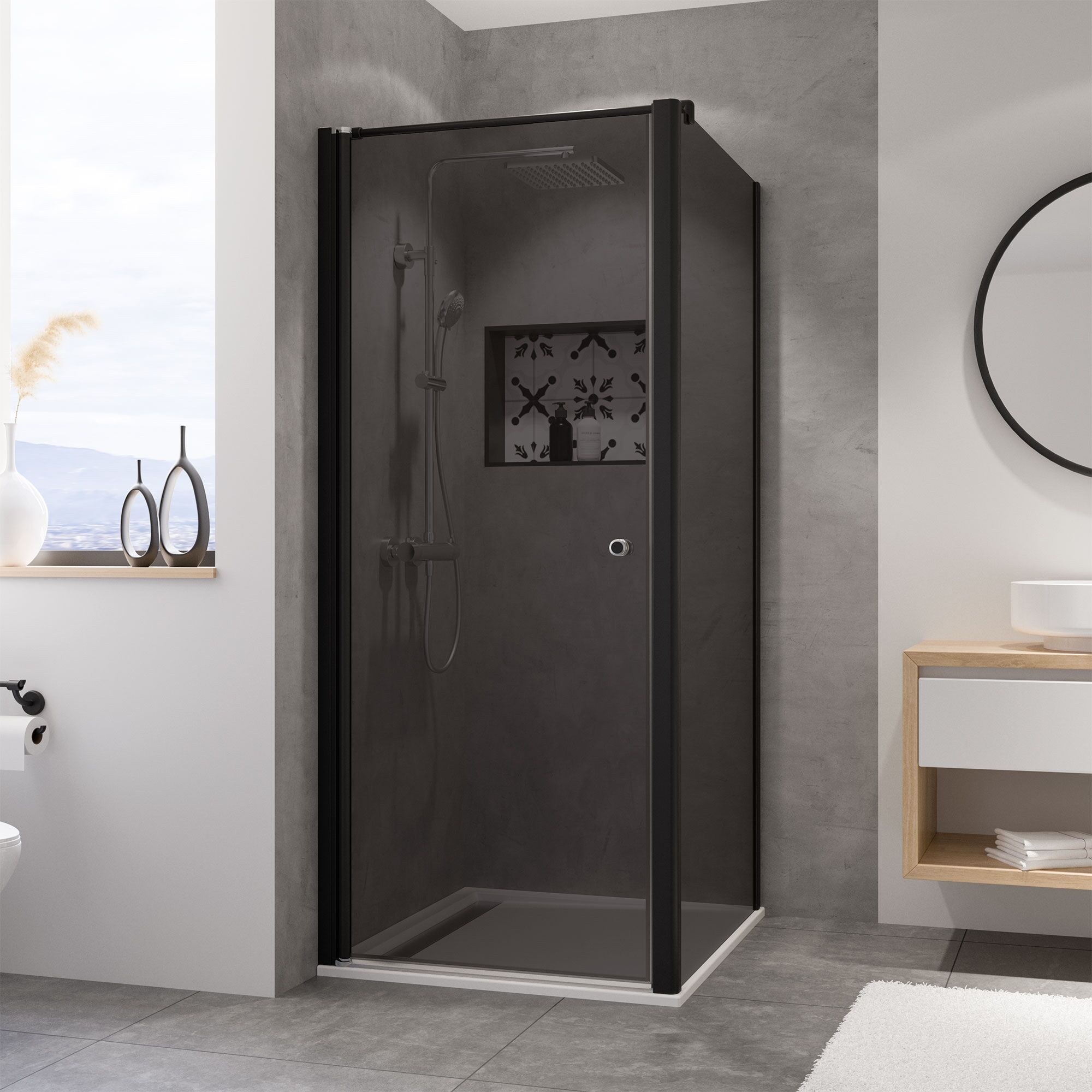 Duschkabine mit schwarzer Duschtasse und Regendusche