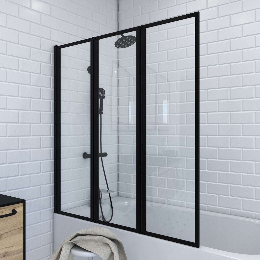 Schwarze Duschwand mit drei Elementen an Badewanne