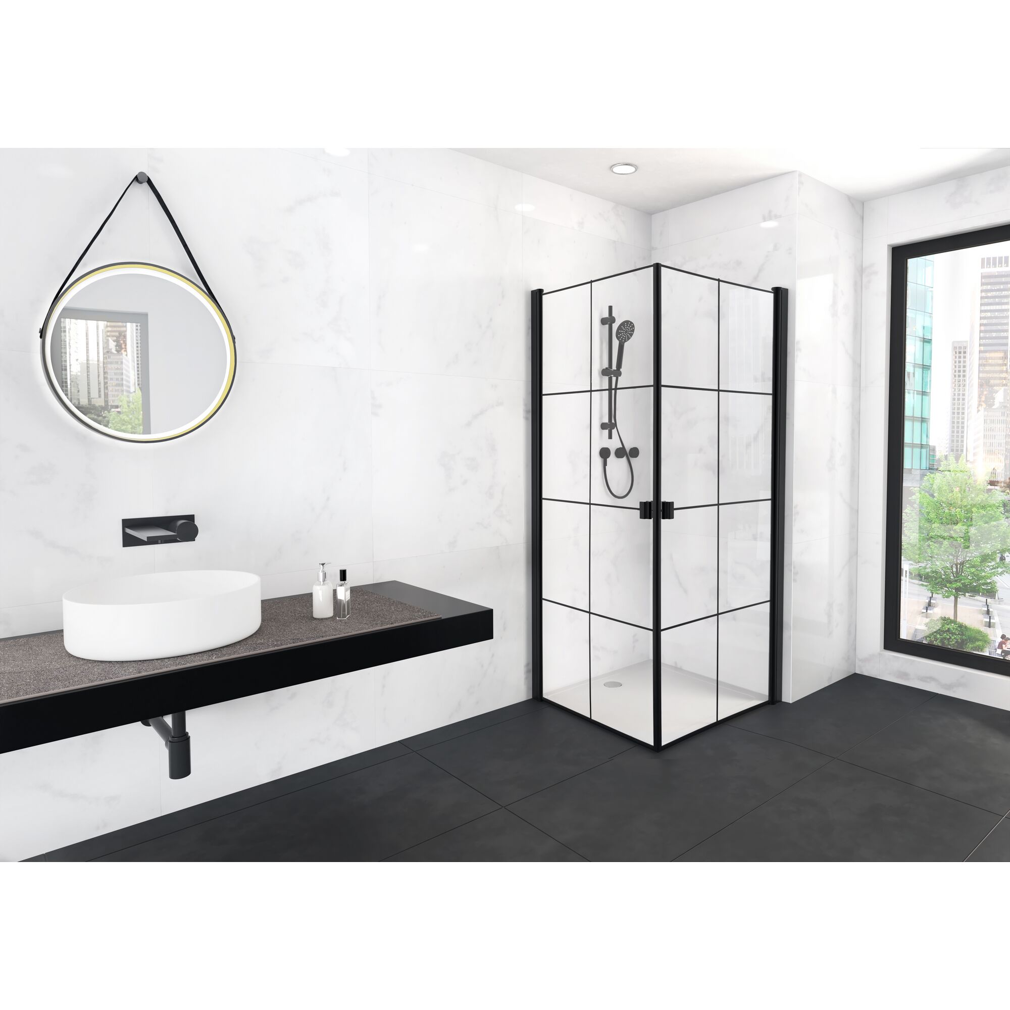 Schwarze Eckdusche mit Duscharmatur