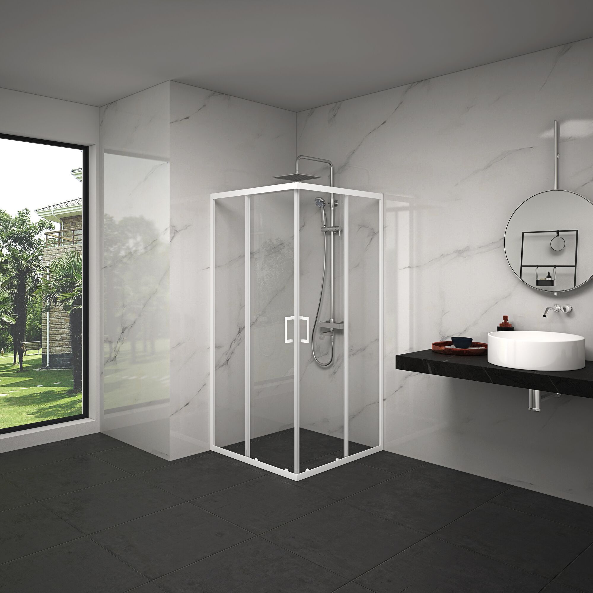Eckdusche mit weißen Rahmen in einem Badezimmer.