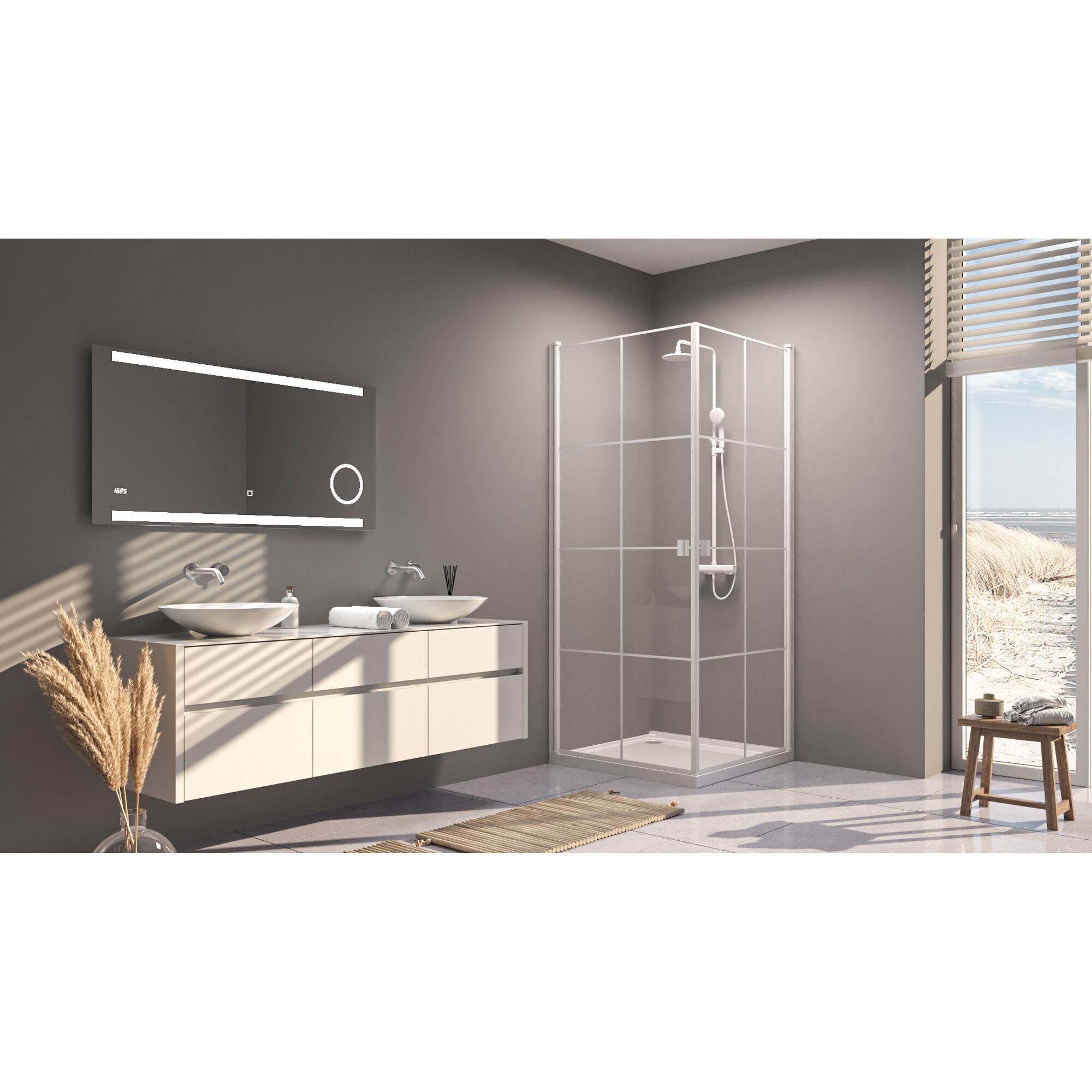 Eckdusche mit weißen Rahmen in einem modernen Badezimmer