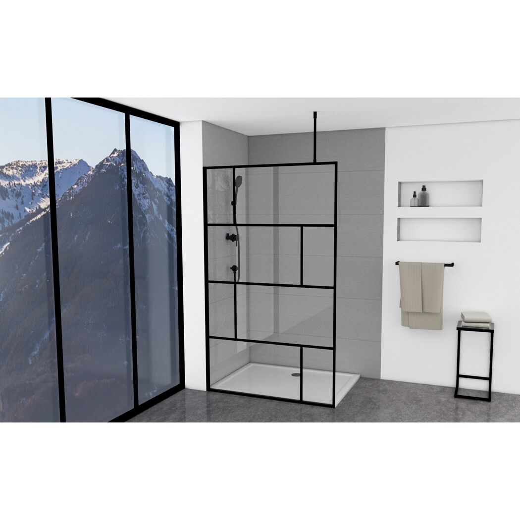Walk-In Dusche mit schwarzem Rahmen und Blick auf Berge