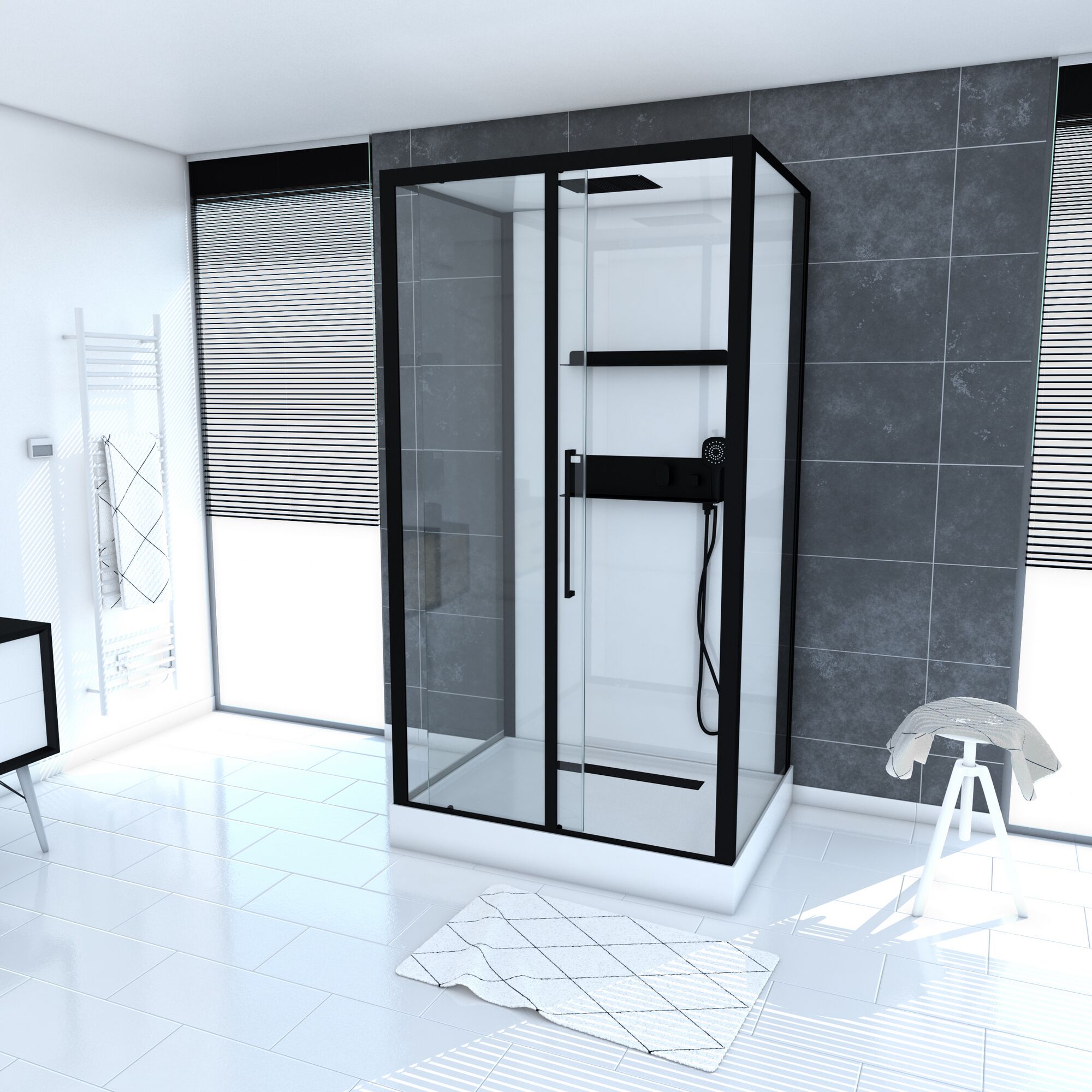 Duschkabine mit schwarzem Rahmen und Armaturen in modernem Badezimmer