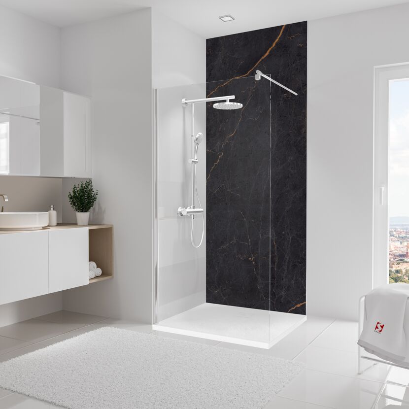 Moderne Dusche mit schwarzer Rückwand und Regendusche.