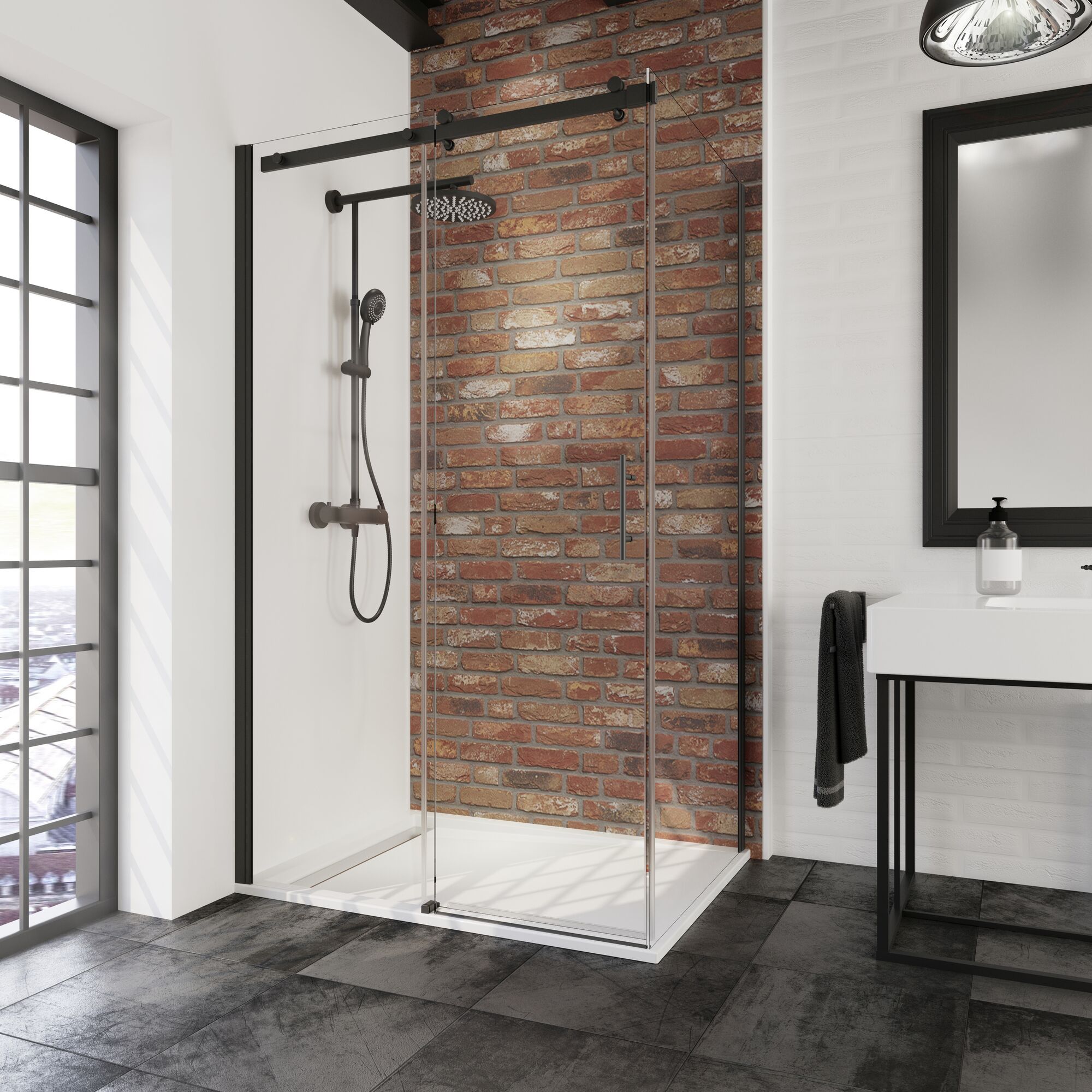 Duschkabine mit schwarzem Rahmen und Schiebetür aus Glas