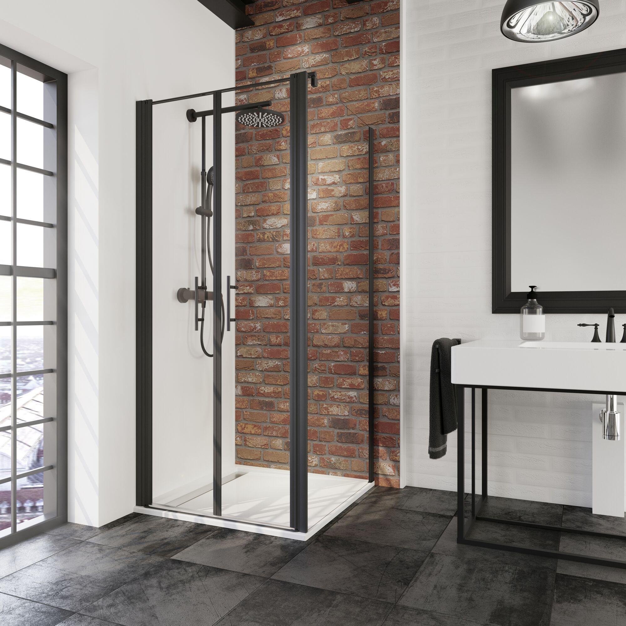 Duschkabine mit schwarzem Rahmen und grauen Fliesen