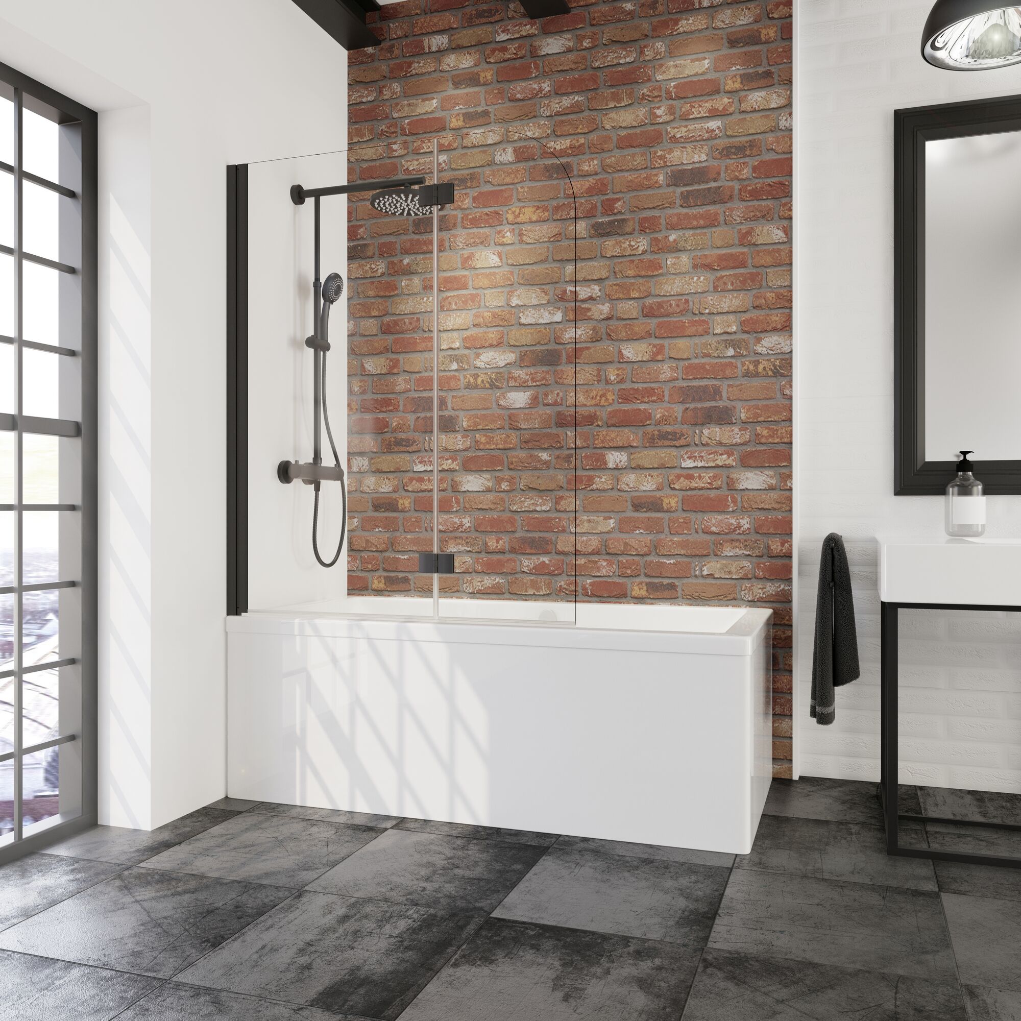 Badezimmer mit Badewanne, Duschkopf, Waschbecken und Spiegel