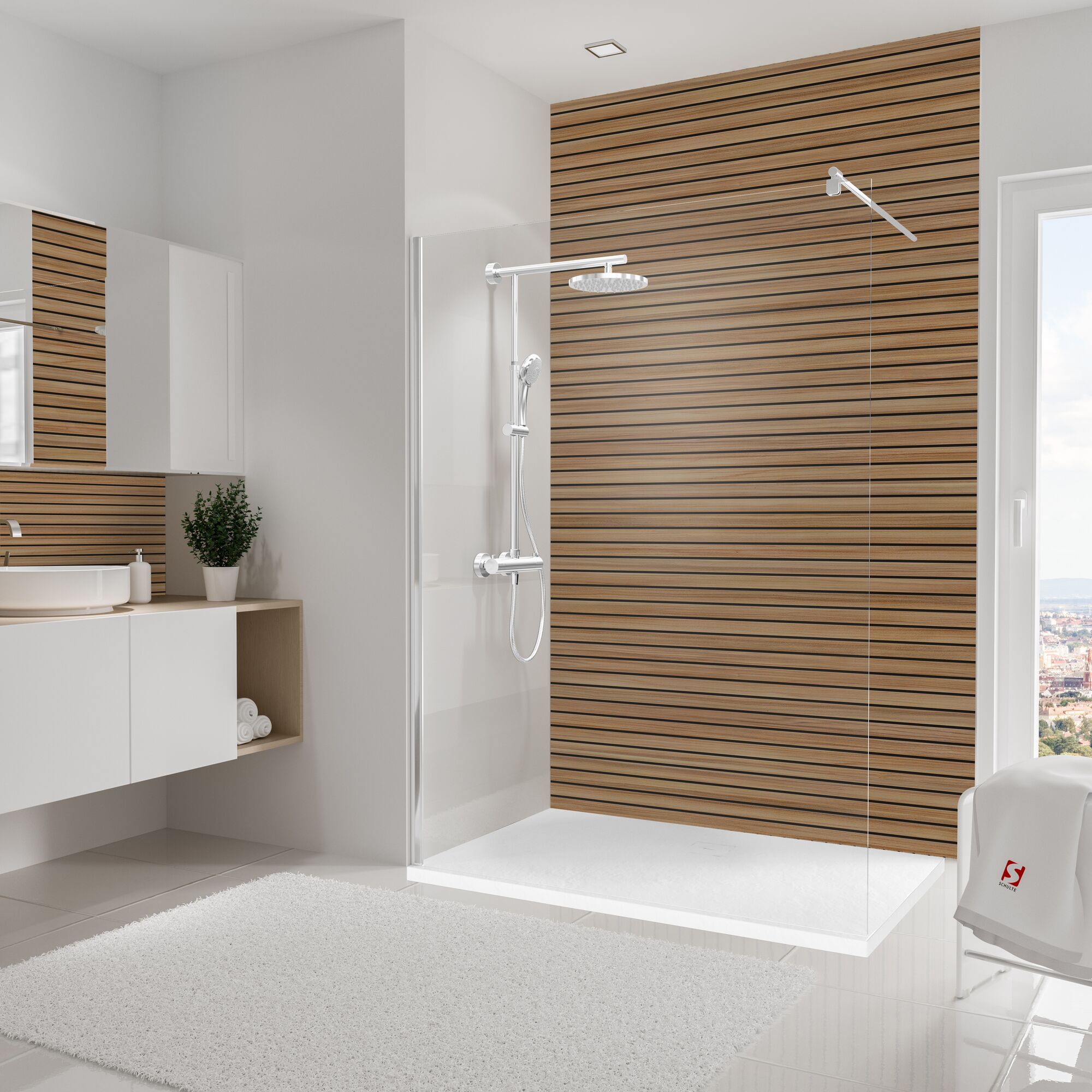 Moderne Dusche mit Holzvertäfelung