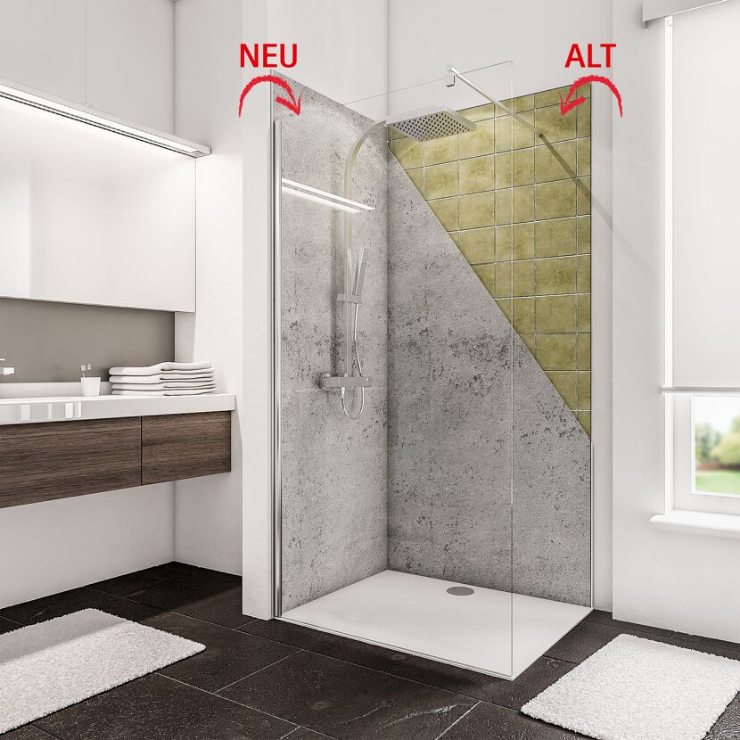 Duschabtrennung mit Betonoptik und grünen Fliesen