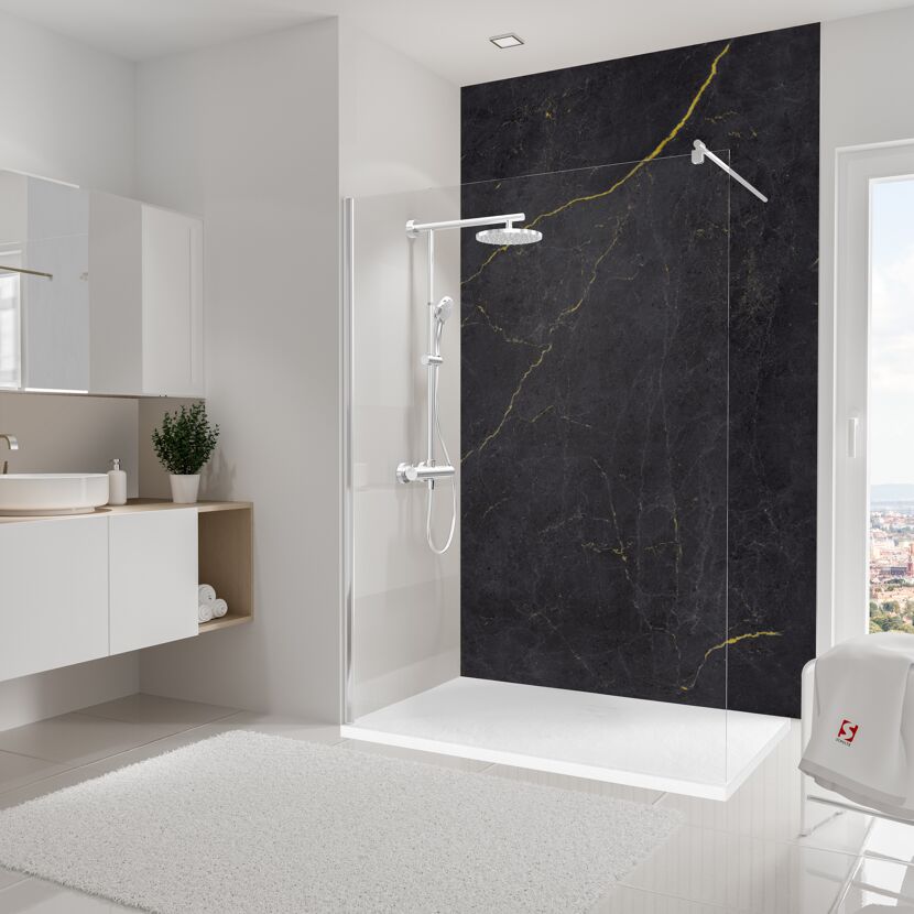 Duschrückwand 'DecoDesign' Softtouch Stein Marmor-Anthrazit-Gold 255 x 150 cm