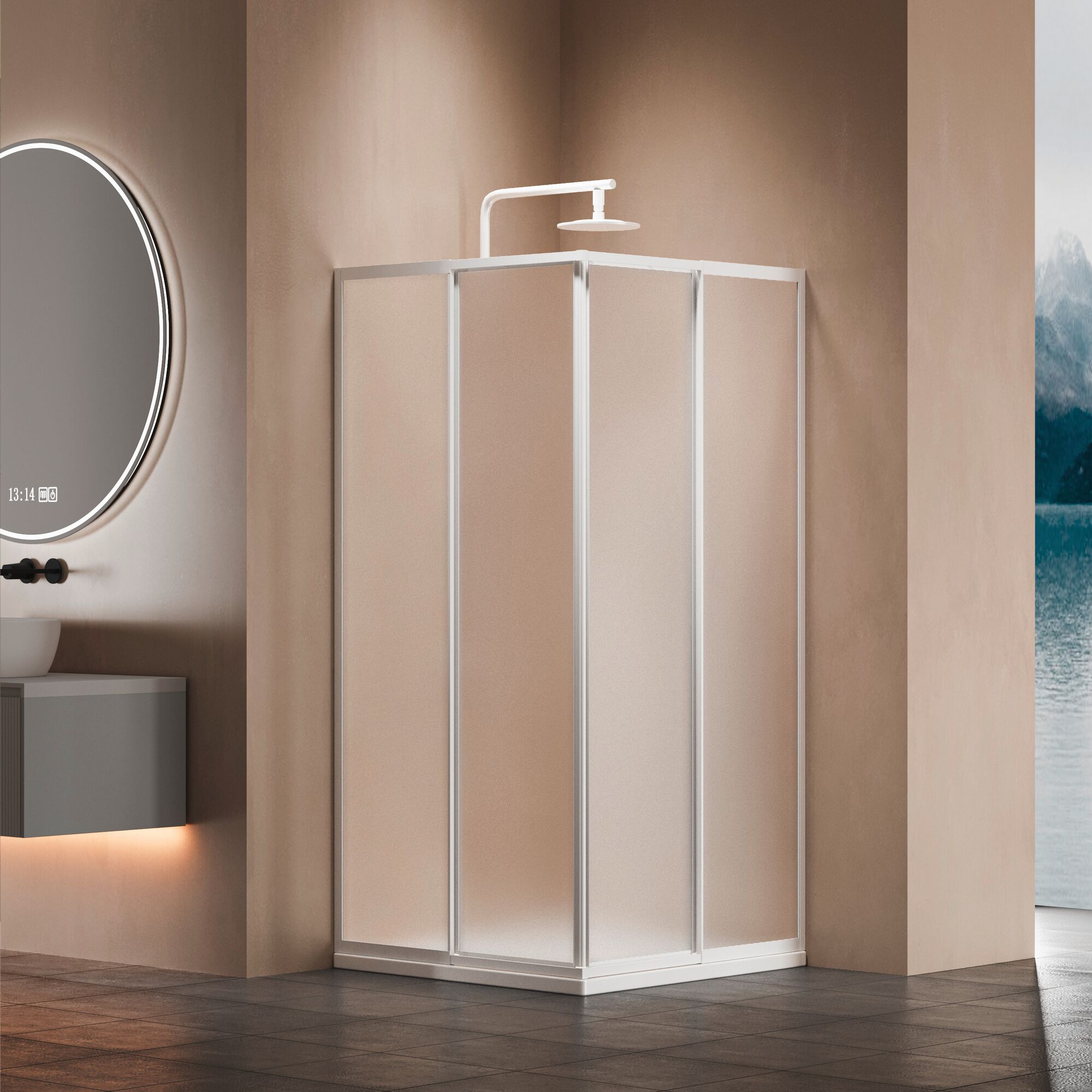 Duschkabine mit Eckeinstieg, weiß, mit milchigen Scheiben