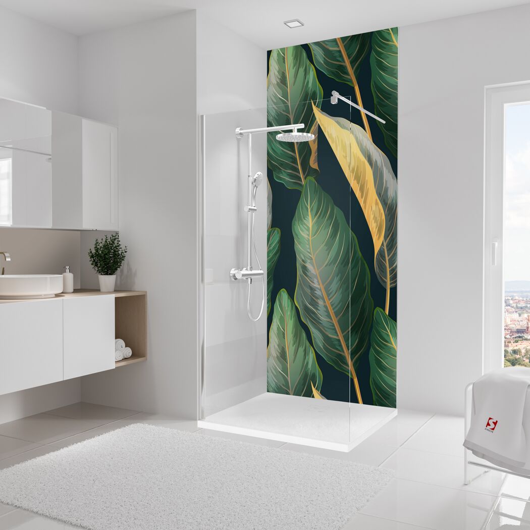 Duschrückwand 'DecoDesign' Softtouch Tropenblätter-Gold 100 x 255 cm