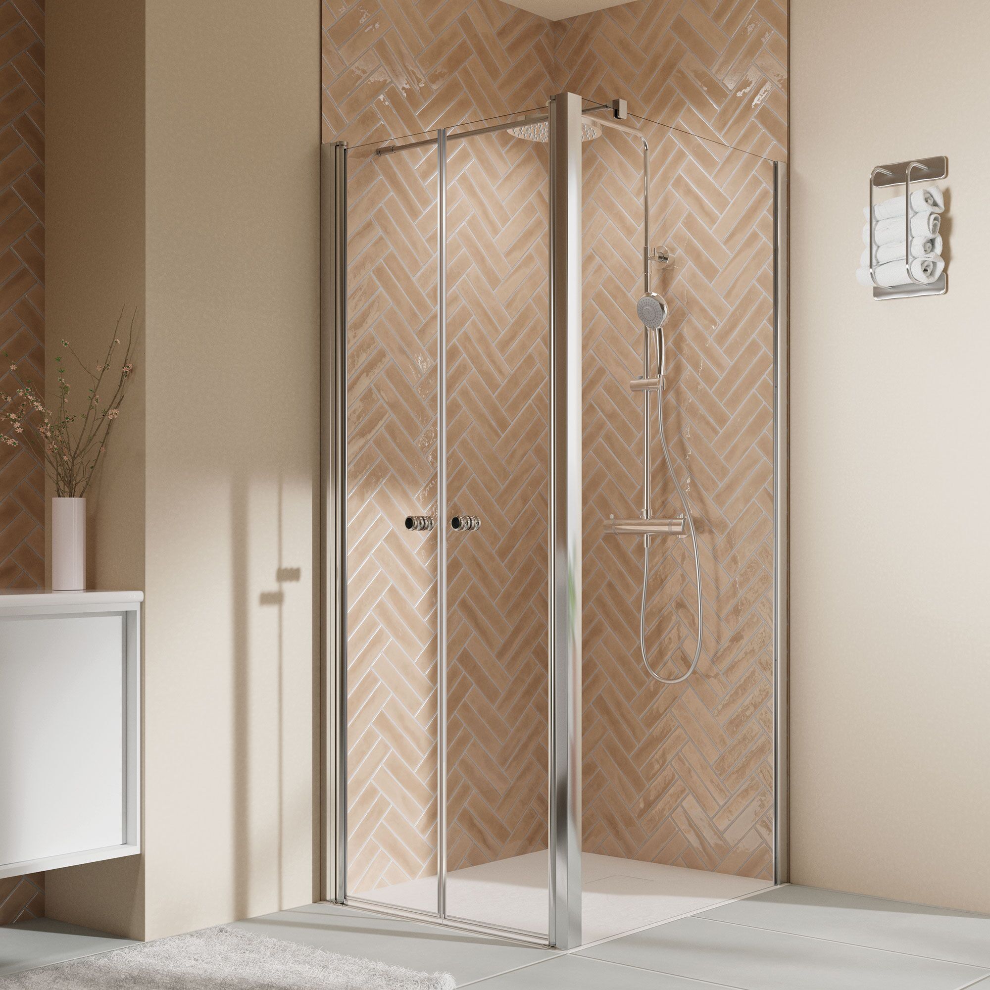 Ecke einer Dusche mit Glastür