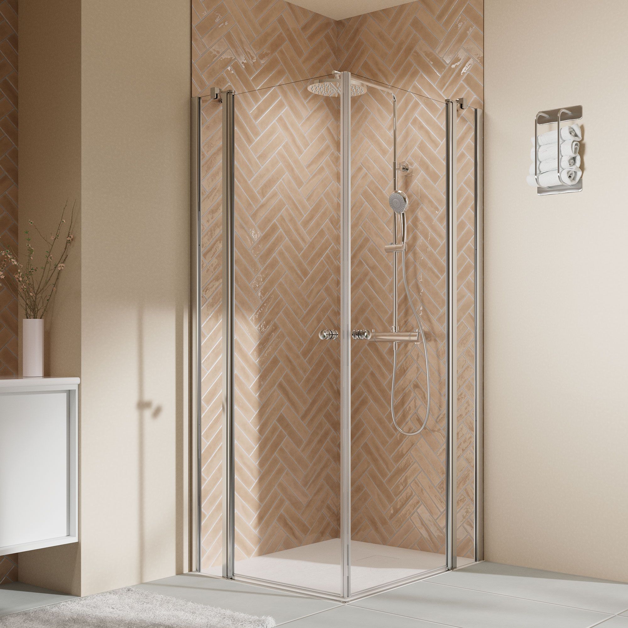 Ecke einer Dusche mit Glastüren