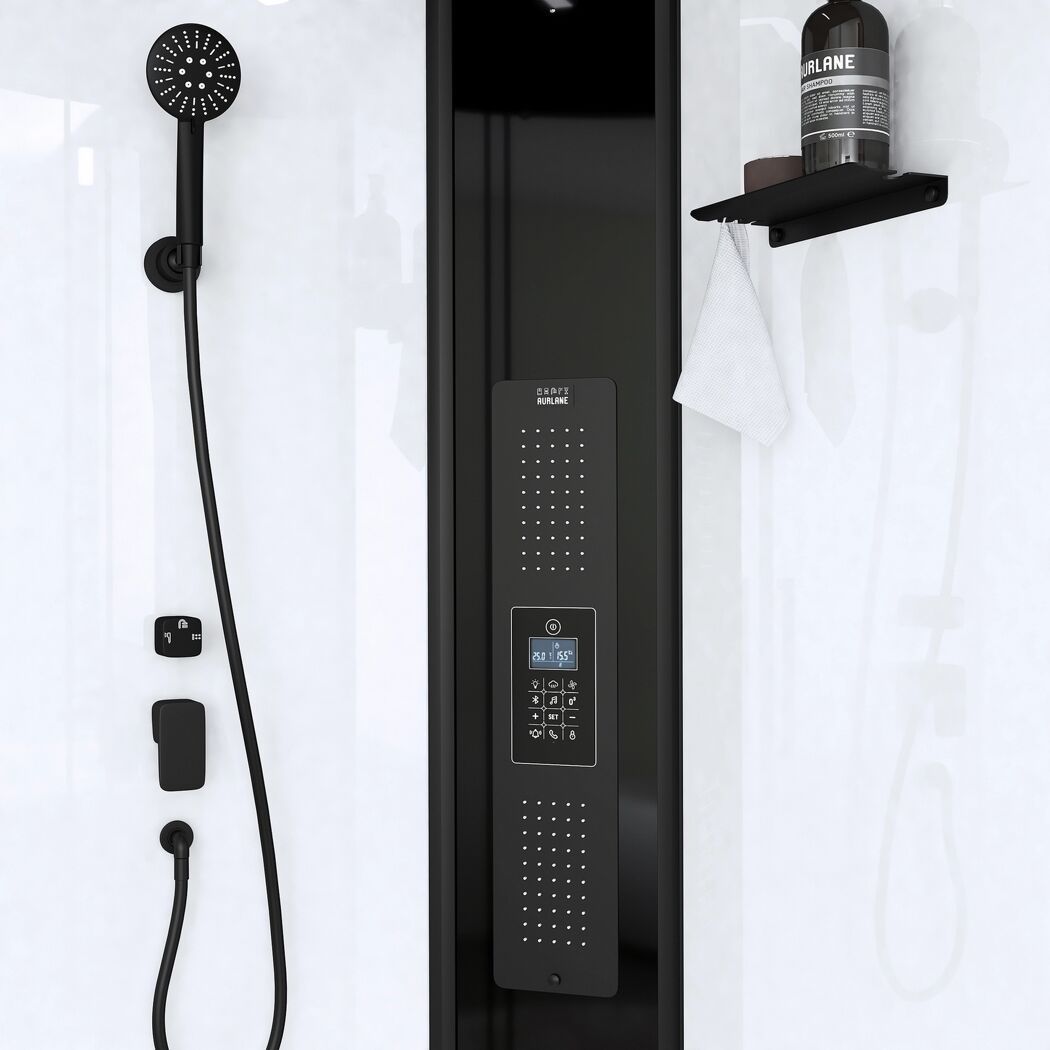 Schwarze Duschkabine mit Touchscreen und Regendusche