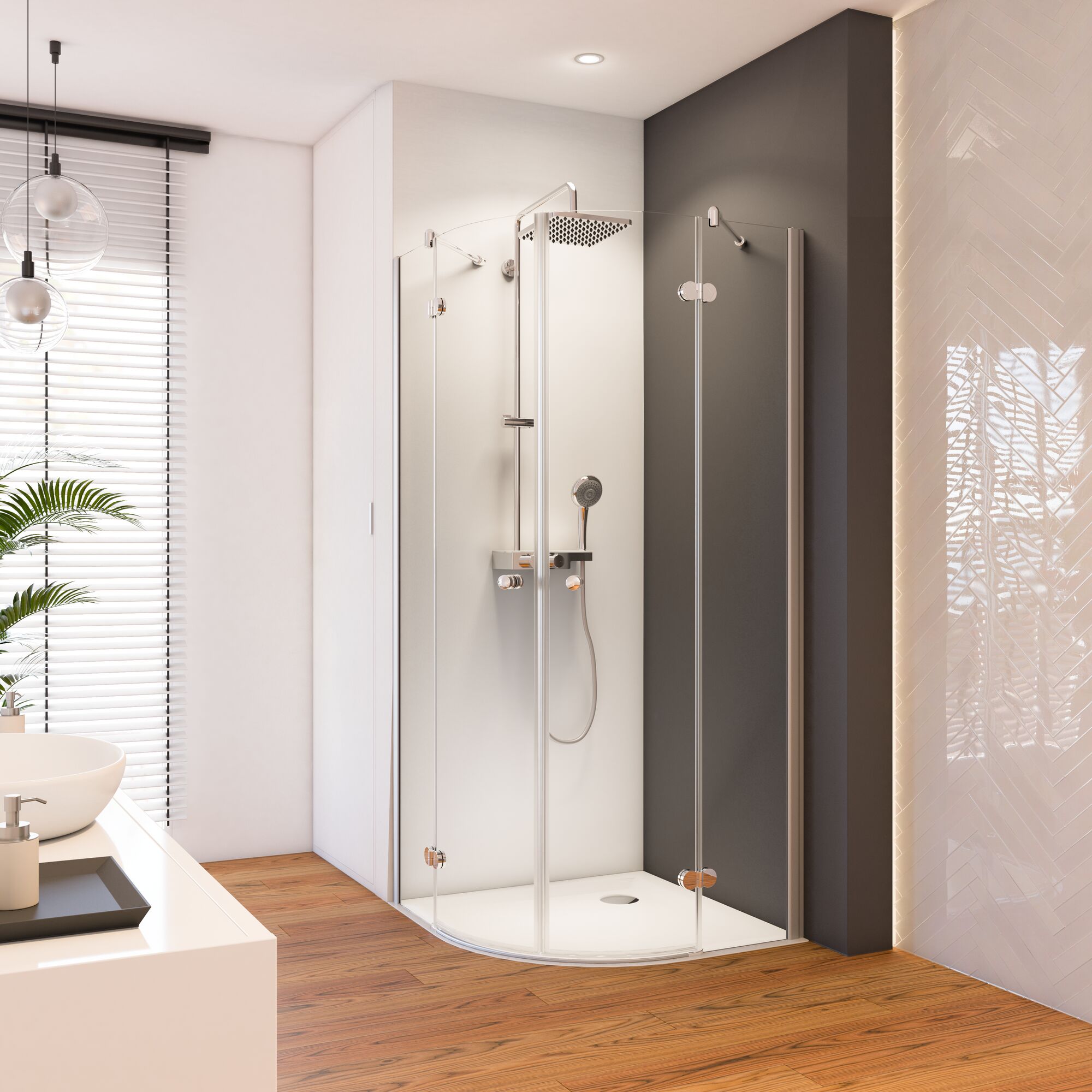 Duschkabine mit runder Duschtasse und Duschkopf.