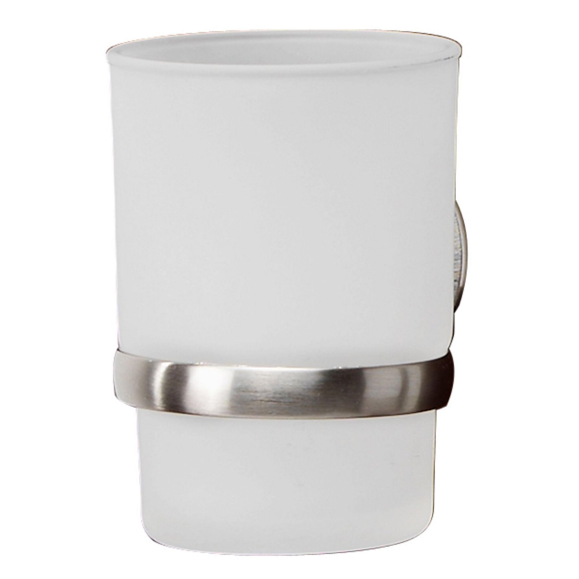 Weißer Zahnputzbecher mit silbernem Ring.