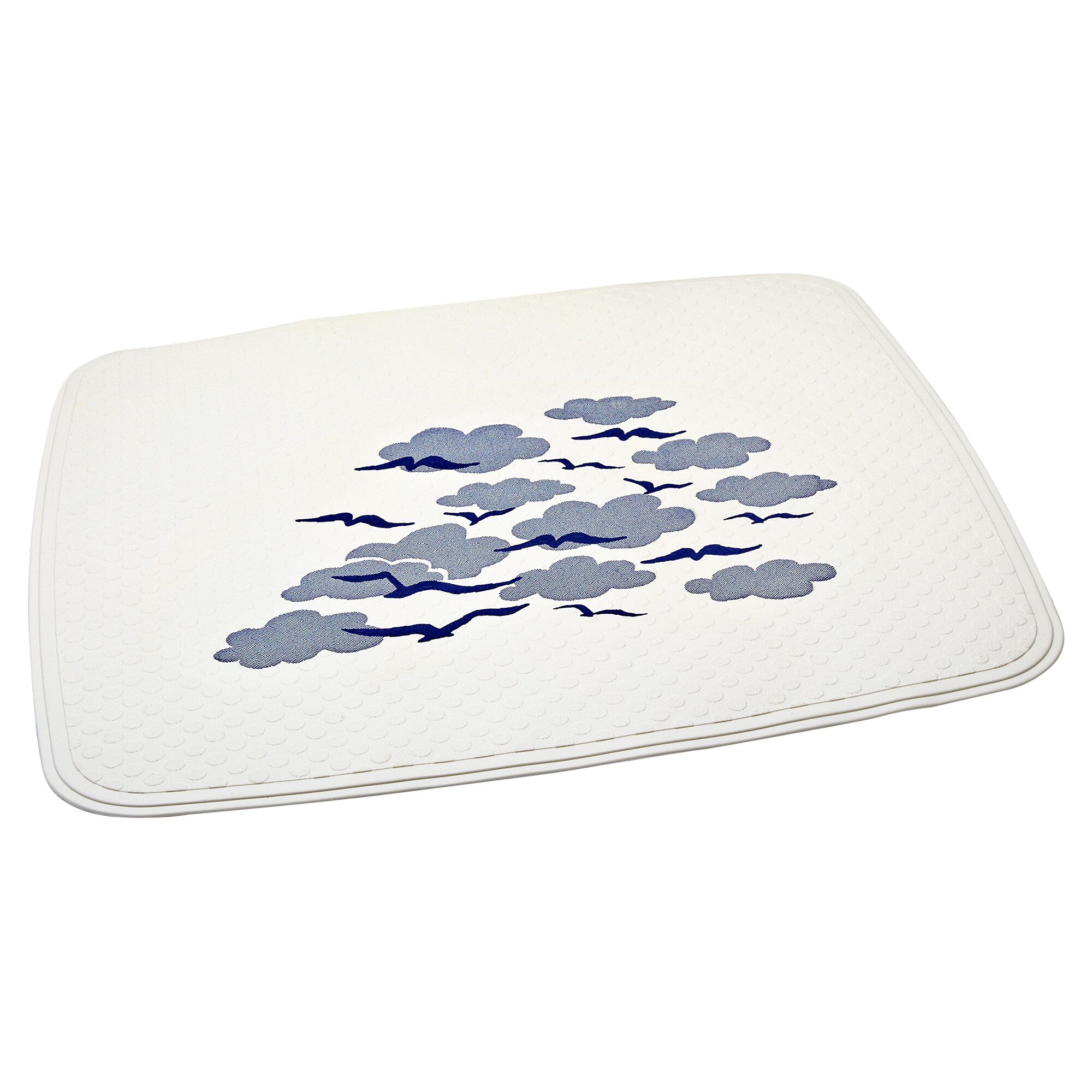 Weiße Duscheinlage mit Wolken- und Vogelmotiv.