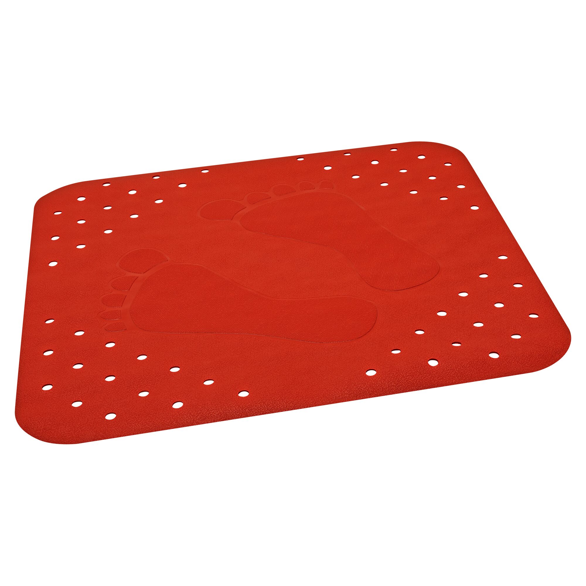 Rote Duscheinlage mit Fußabdrücken