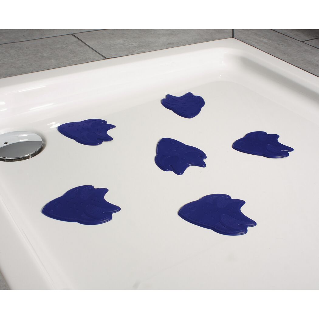 Sechs blaue rutschfeste Fische in einer Duschwanne