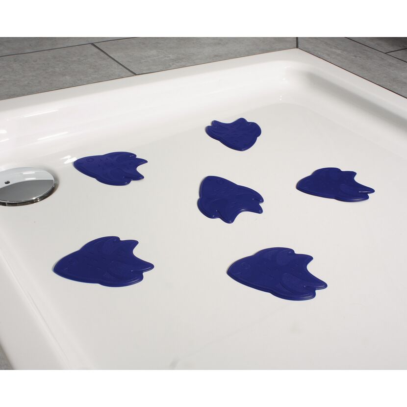 Sechs blaue rutschfeste Fische in einer Duschwanne