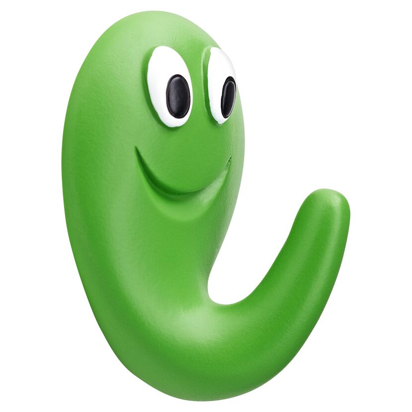 Grüner Klebehaken mit lächelndem Gesicht.