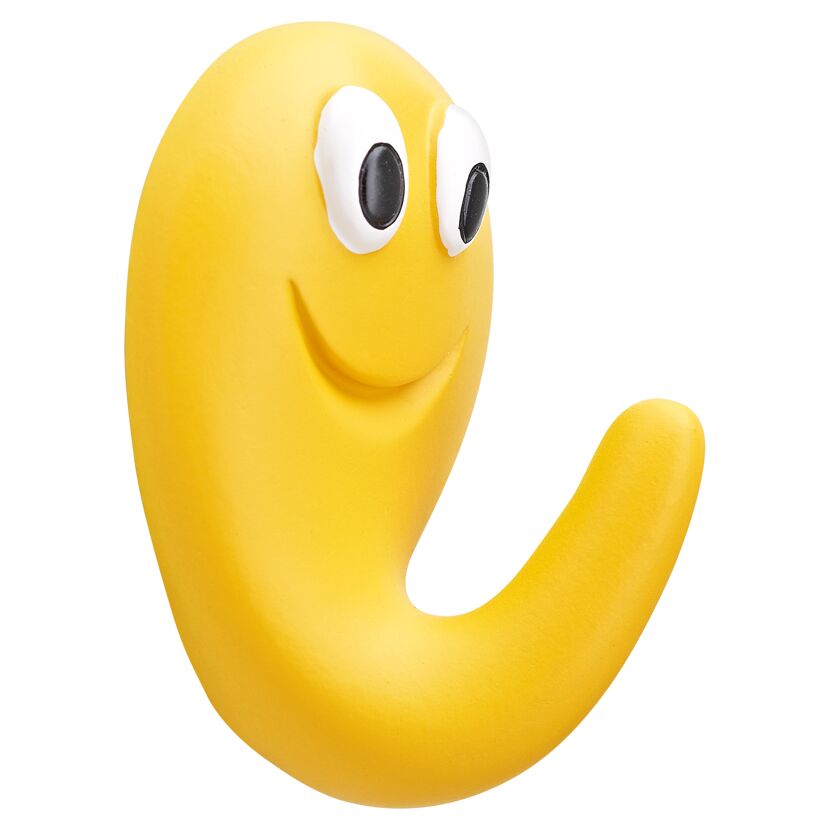 Gelber Klebehaken in Form eines lächelnden Gesichts.