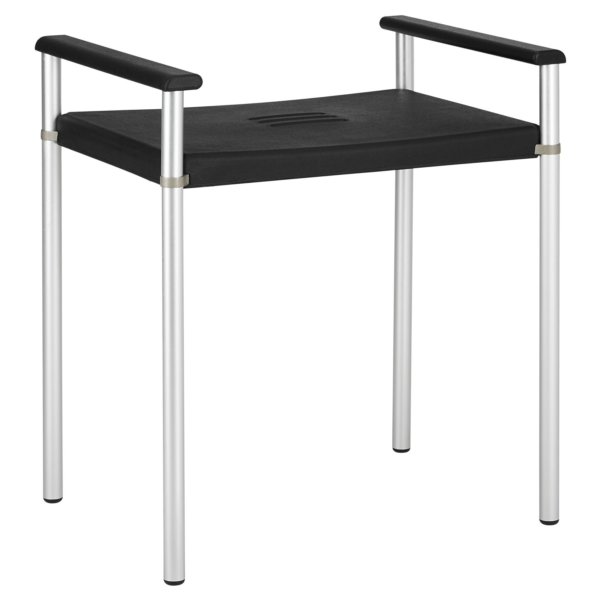 Schwarzer Badhocker mit silbernen Beinen und Armlehnen