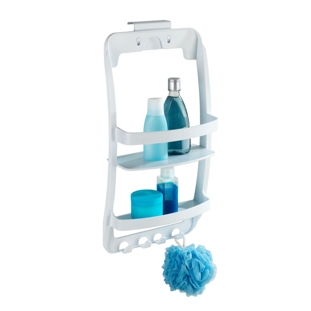 Weißes Duschregal mit blauen Badartikeln und einem blauen Schwamm