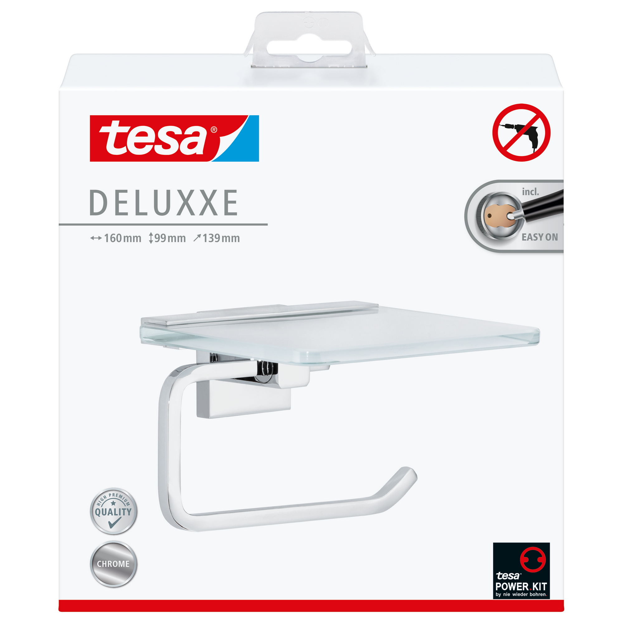 Toilettenpapierhalter 'Deluxxe' Glas, Metall verchromt mit Ablage und Klebelösung + product picture