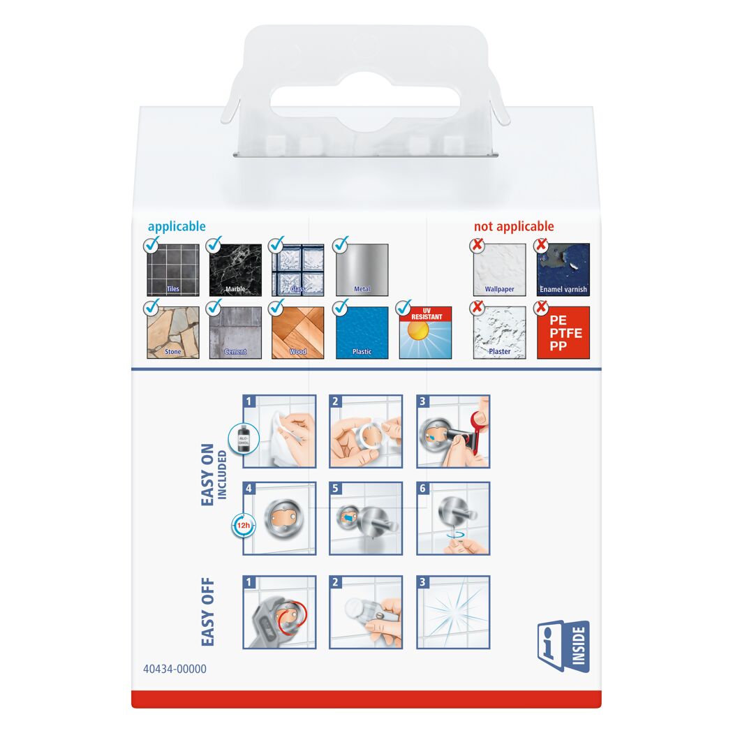 Rückseite der Verpackung eines Klebehaken mit Anleitung zur Montage und Demontage.