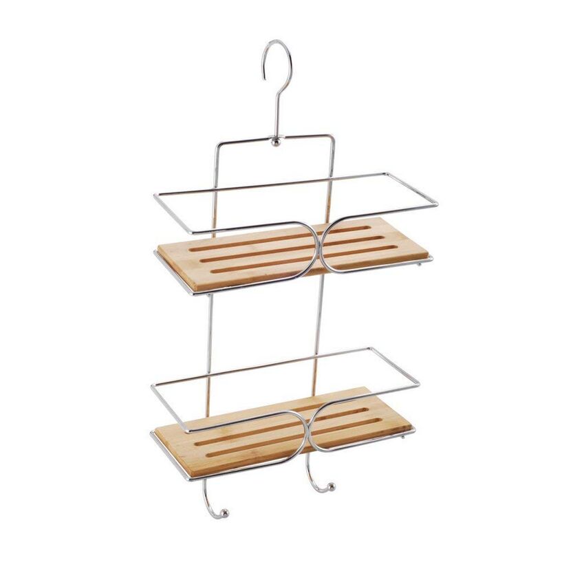 Duschregal zum Hängen 2 Etagen Edelstahl / Bambus 25 x 11 cm
