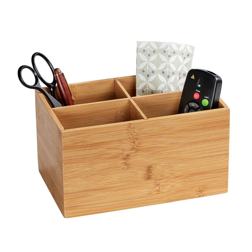 Bambus Box Terra gefüllt mit Stift, Schere, Serviette und Fernbedienung