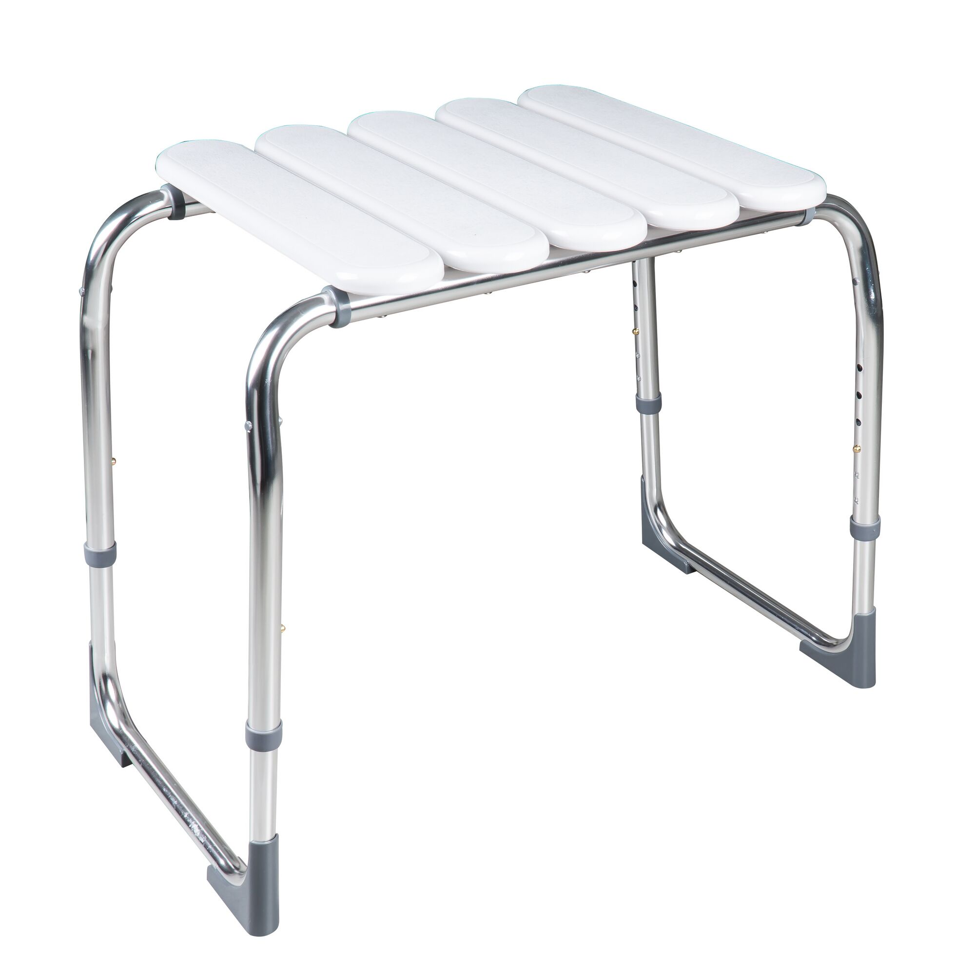 Weißer Badhocker mit Metallgestell.