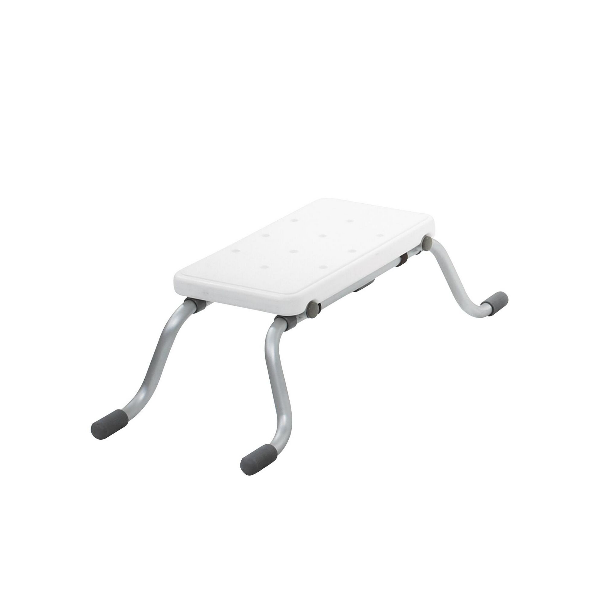 Weißer Wannensitz mit grauen Füßen.