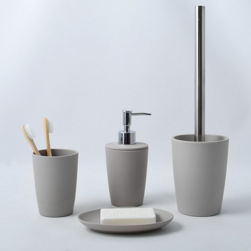 Graues Badezimmer-Set: Zahnputzbecher, Seifenspender, Toilettenbürste, Seifenschale
