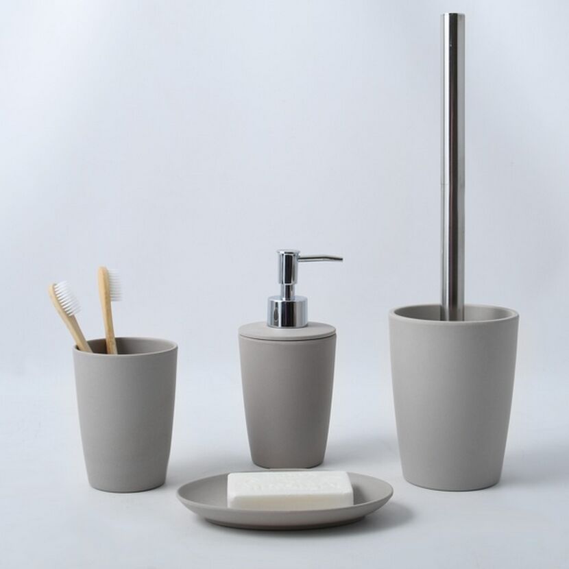 Graues Badezimmer-Set: Zahnputzbecher, Seifenspender, Toilettenbürste, Seifenschale