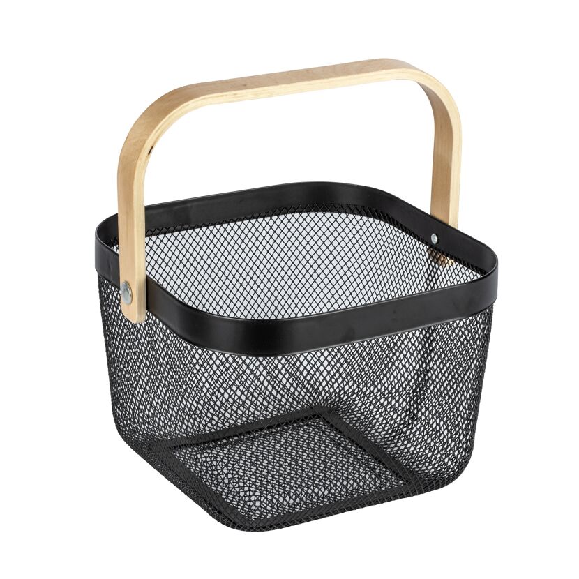 Schwarzer Metallkorb mit Holzgriff