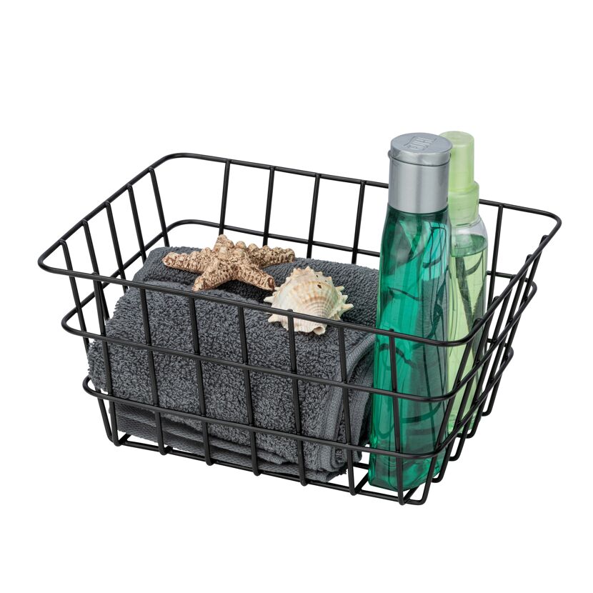 Schwarzer Metallkorb mit Handtuch, Seestern und Muschel, Duschgel und Sprühflasche