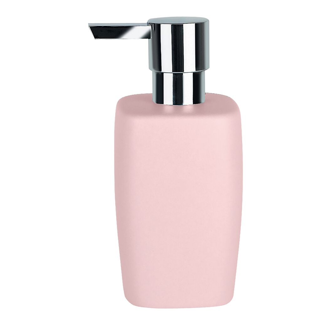 Pinker Seifenspender mit Pumpspender aus Metall.