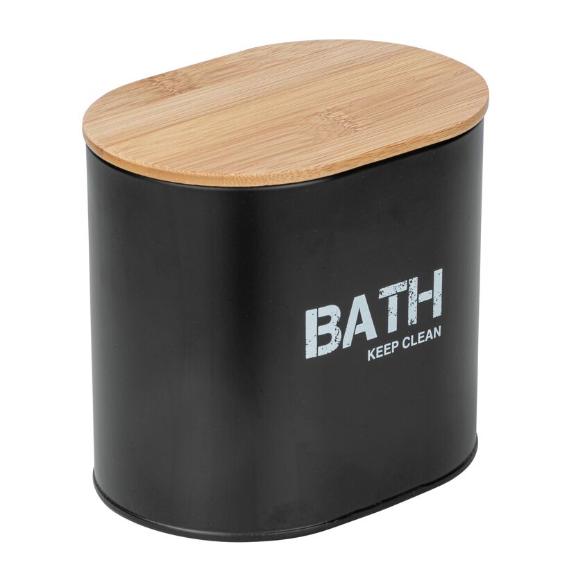 Schwarze Badbox "BATH" mit Bambusdeckel.