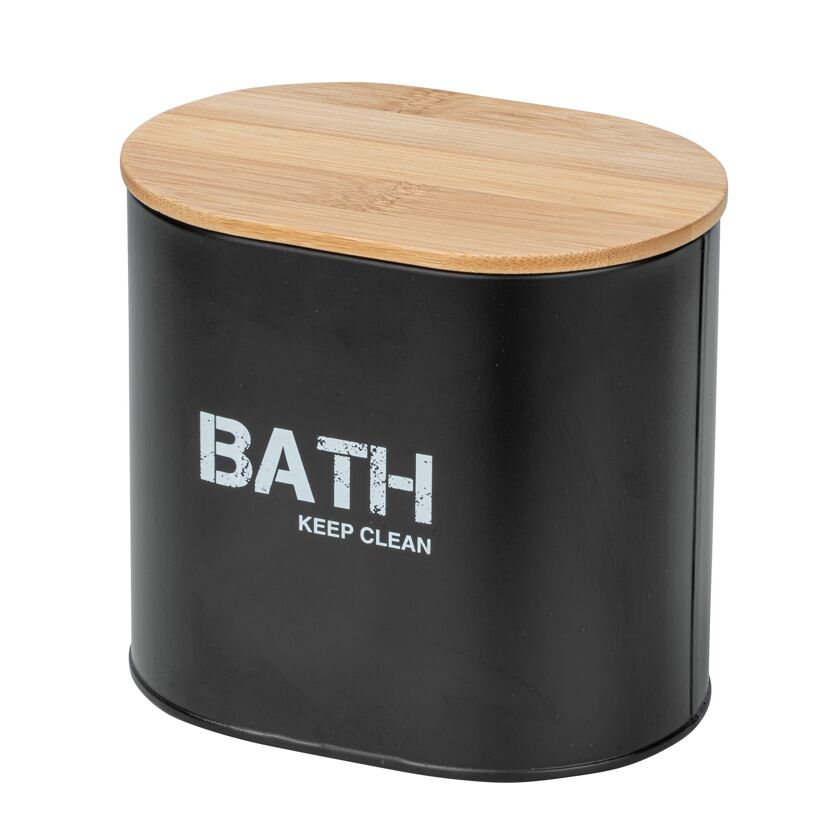 Schwarze Badbox mit Bambusdeckel.