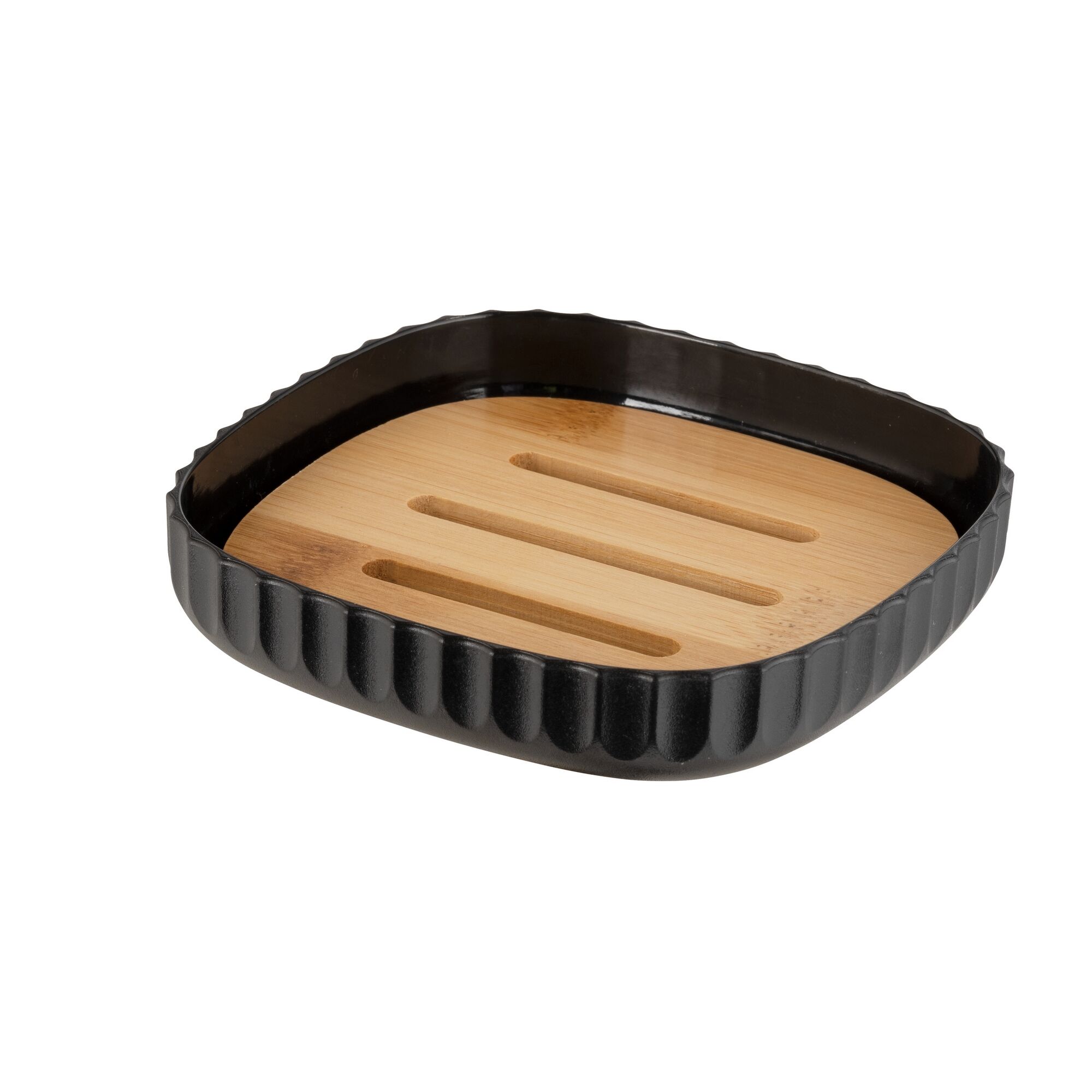 Schwarze Seifenschale mit Bambusablage