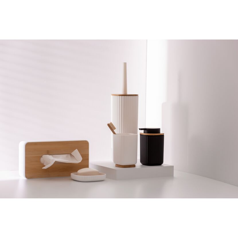 Badezimmer-Set: Toilettenbürste, Zahnputzbecher, Seifenspender und Seifenablage