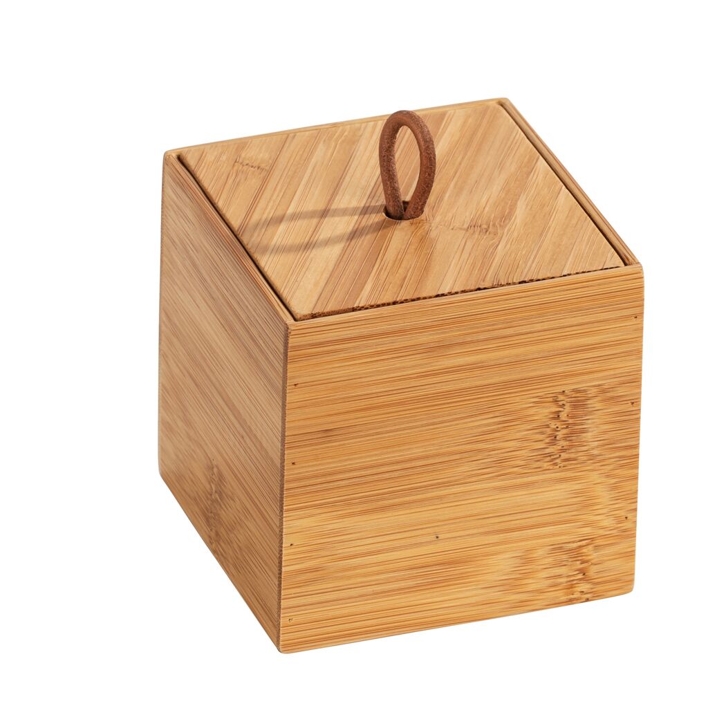 Kleine quadratische Aufbewahrungsbox aus Bambus mit Deckel.