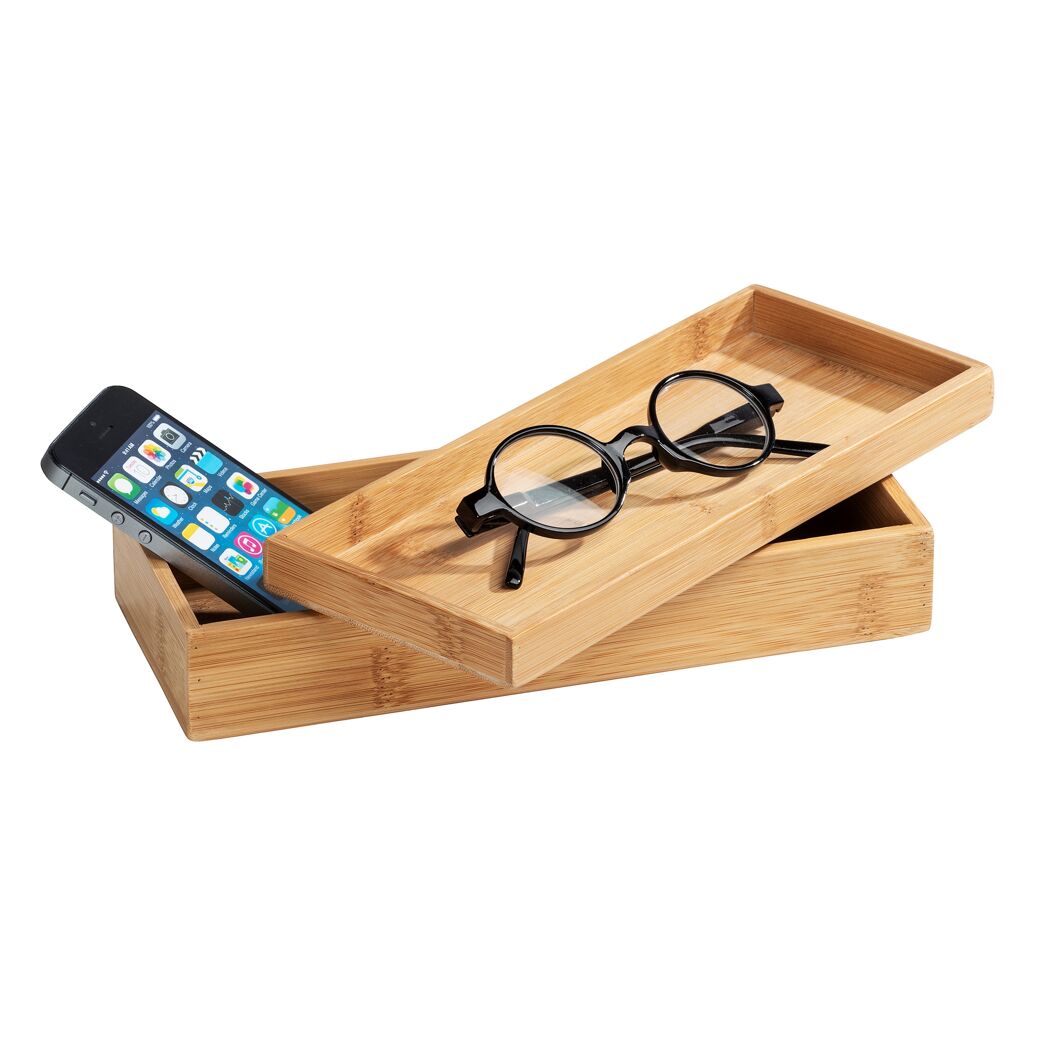 Bambusbox mit Smartphone und Brille