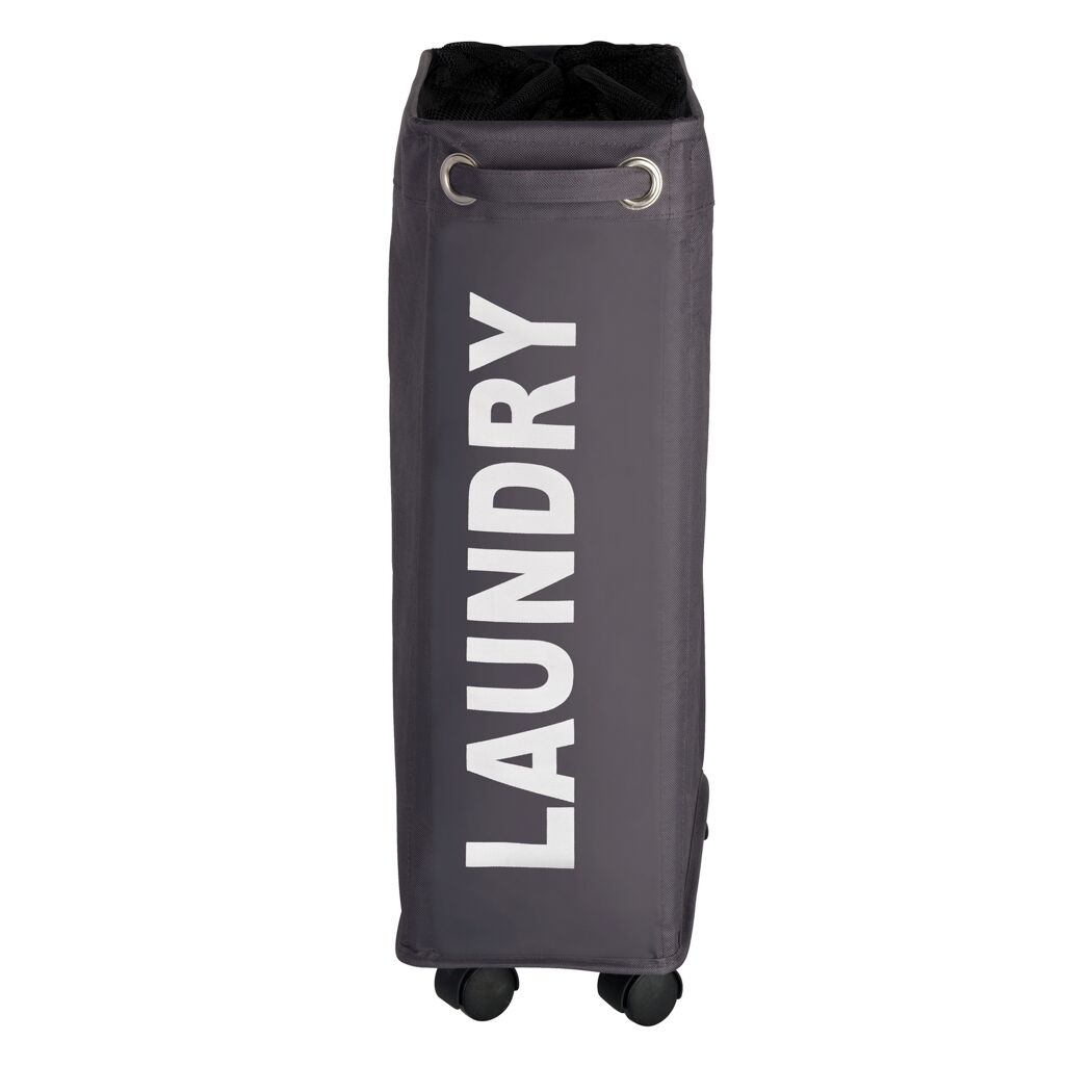 Grauer Wäschesammler mit Rollen und der Aufschrift "LAUNDRY"