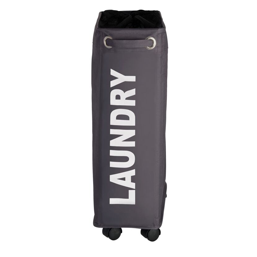 Grauer Wäschesammler mit Rollen und der Aufschrift "LAUNDRY"
