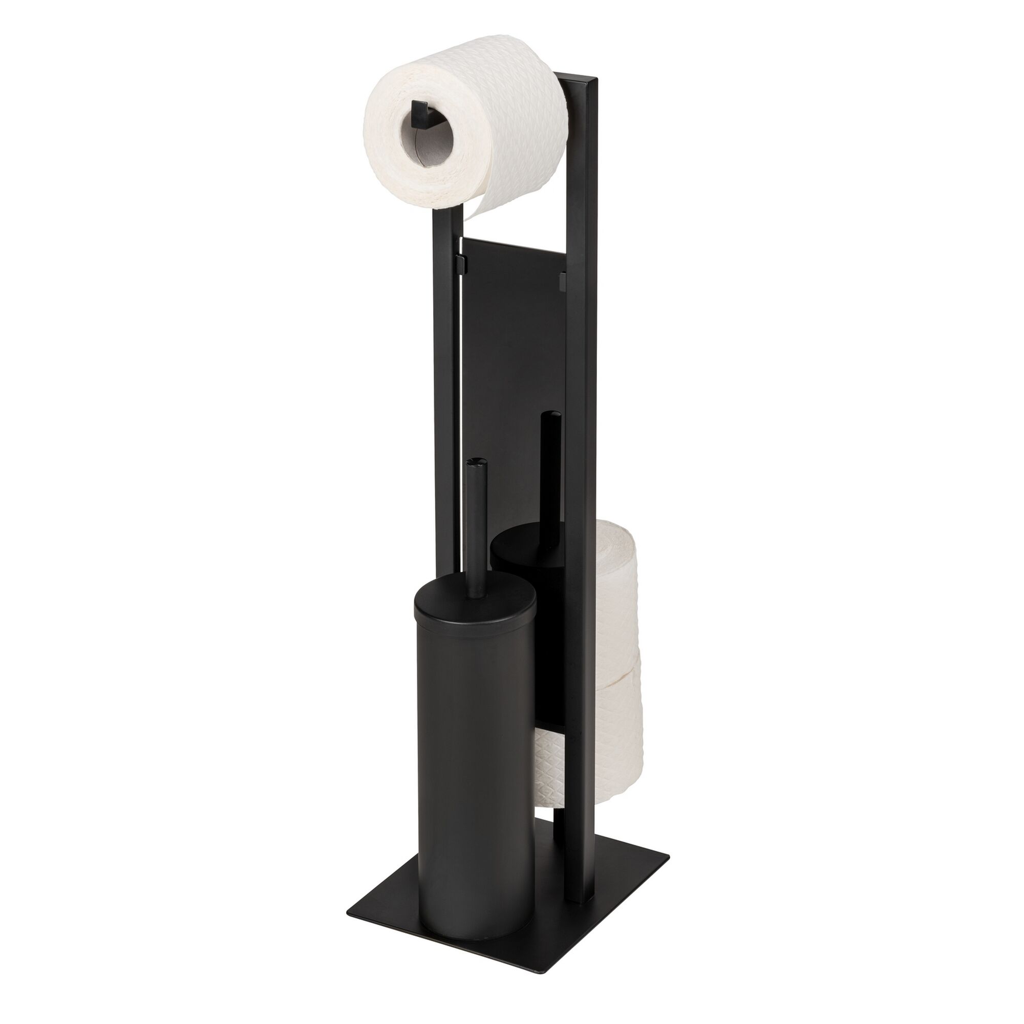 Schwarze Stand-WC-Garnitur mit Toilettenpapierhalter und Bürste